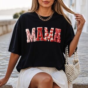 MAMA T-shirt Faux chenille. Plaid, Hearts, Coquette S M L XL new Black